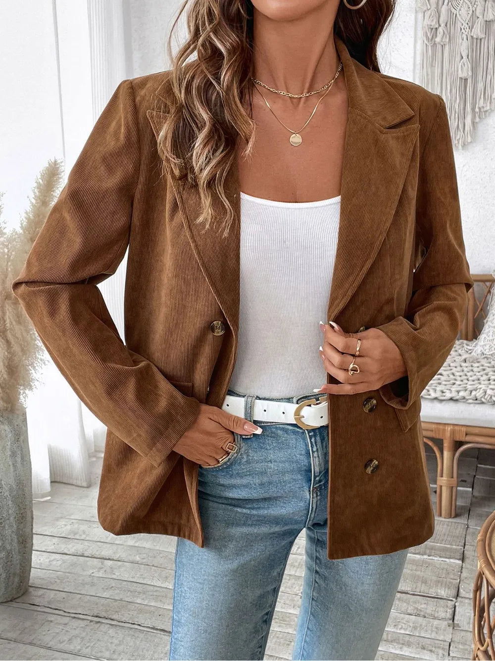 Perfee Decorative Pocket Flap Lapel Collar Long Sleeve Outerwear in Brown, view 5