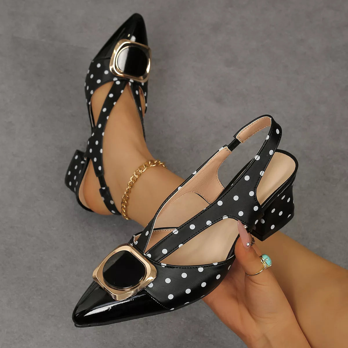Polka Dot Slingback Pumps with Buckle Accent - Lilixa.store