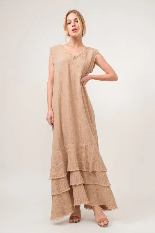 And The Why Washed Fringe Detail Tiered Dress - Lilixa.store