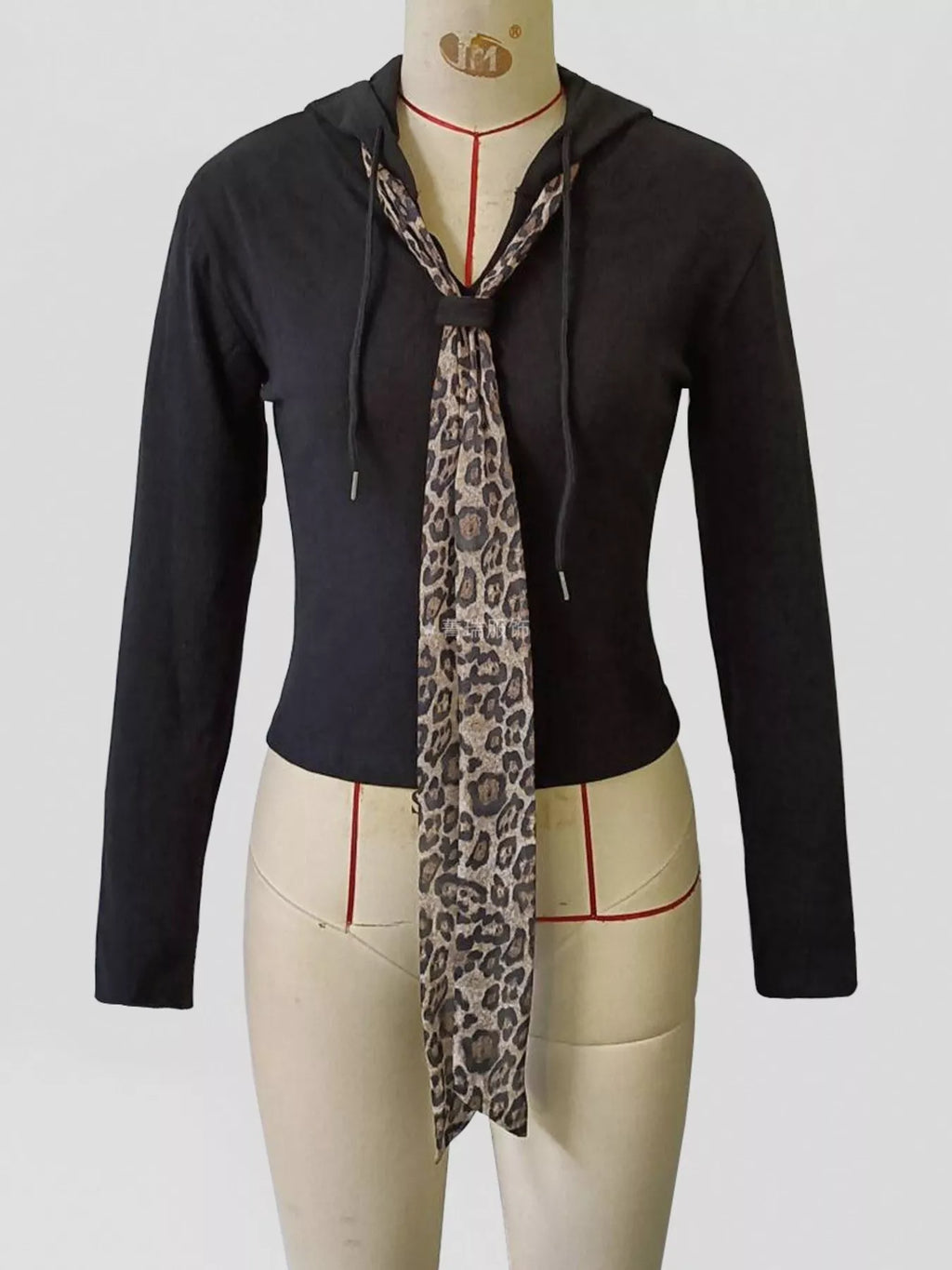 Long Sleeve Hooded T-Shirt with Leopard Scarf Detail - Lilixa.store