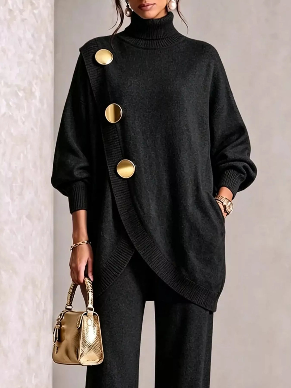 Gold Button Accent Turtleneck Sweater and Pants Set, view 6