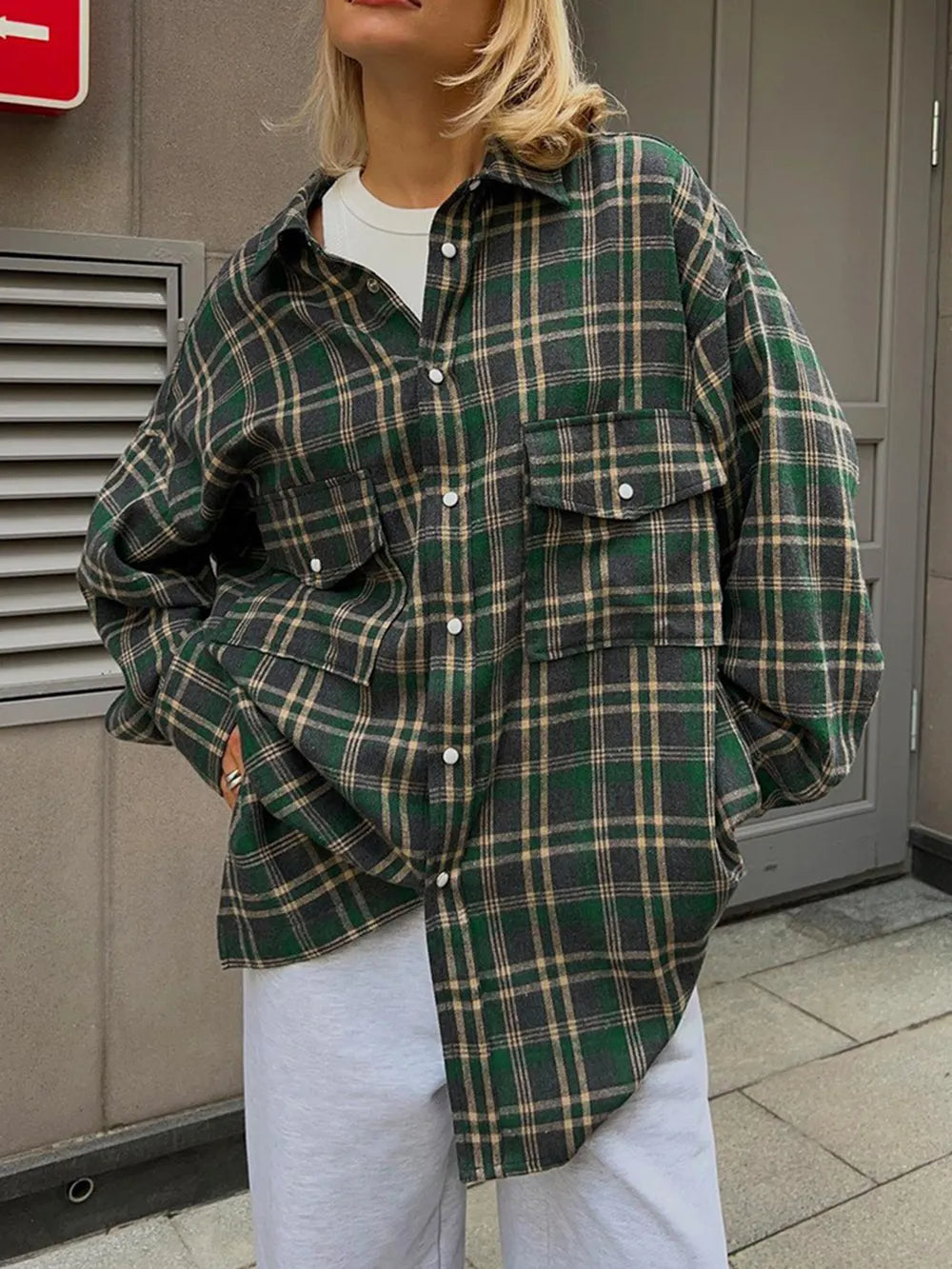 Pocketed Plaid Button Up Shacket in Dark Green
