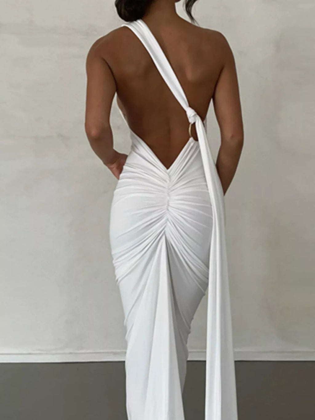 Backless One-Shoulder Ruched Bodycon Maxi Dress - Lilixa.store
