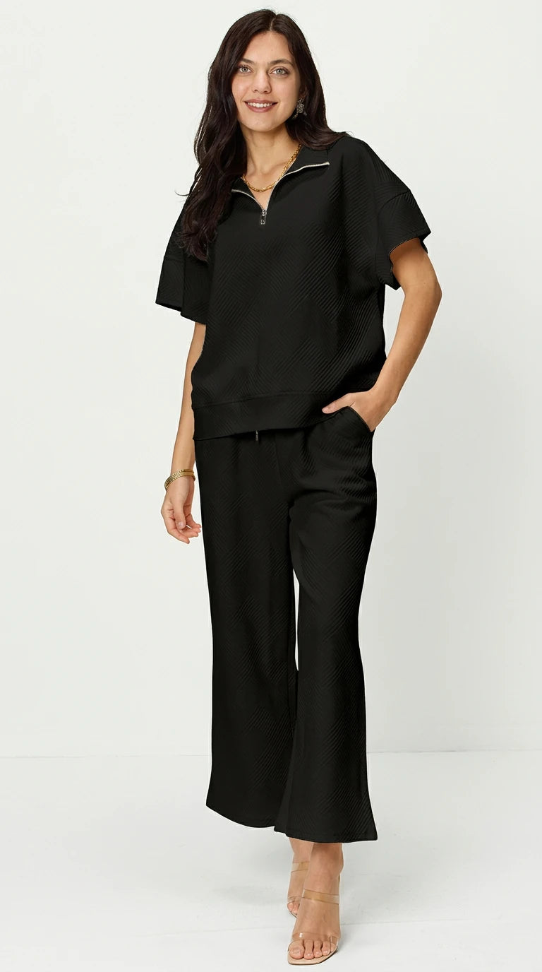 Double Take Full Size Texture Half Zip Short Sleeve Top and Pants Set in Black