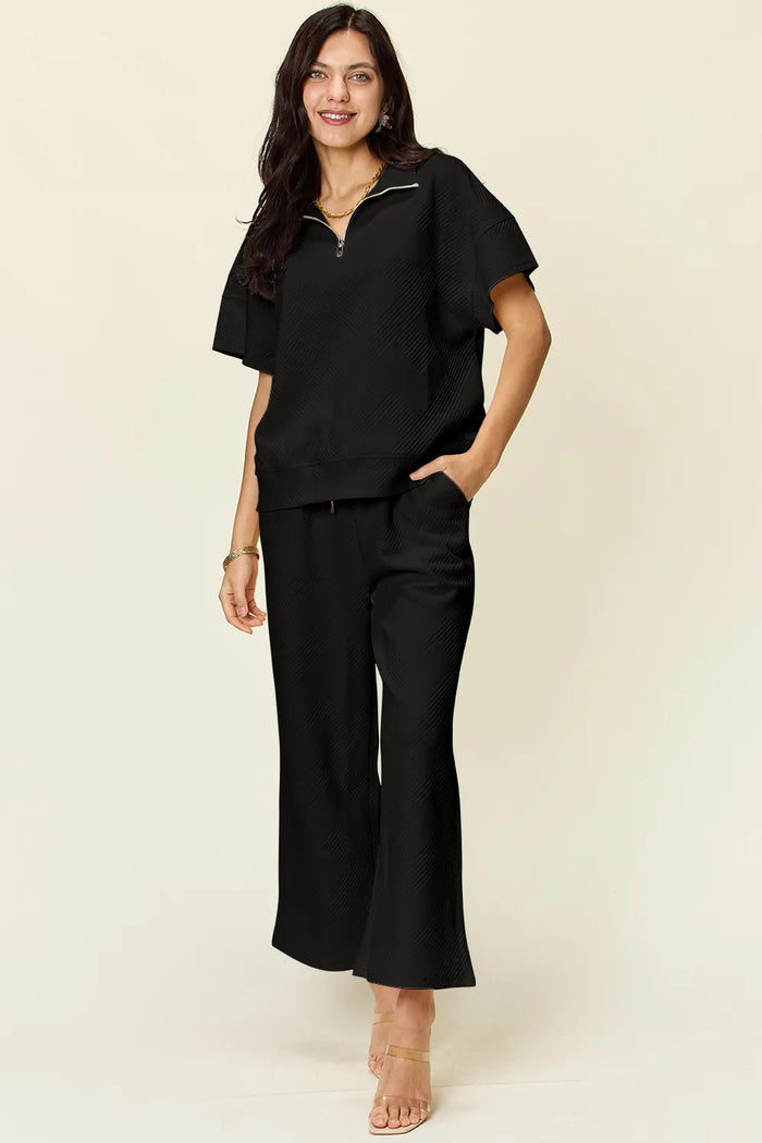 Double Take Full Size Texture Half Zip Short Sleeve Top and Pants Set in Black