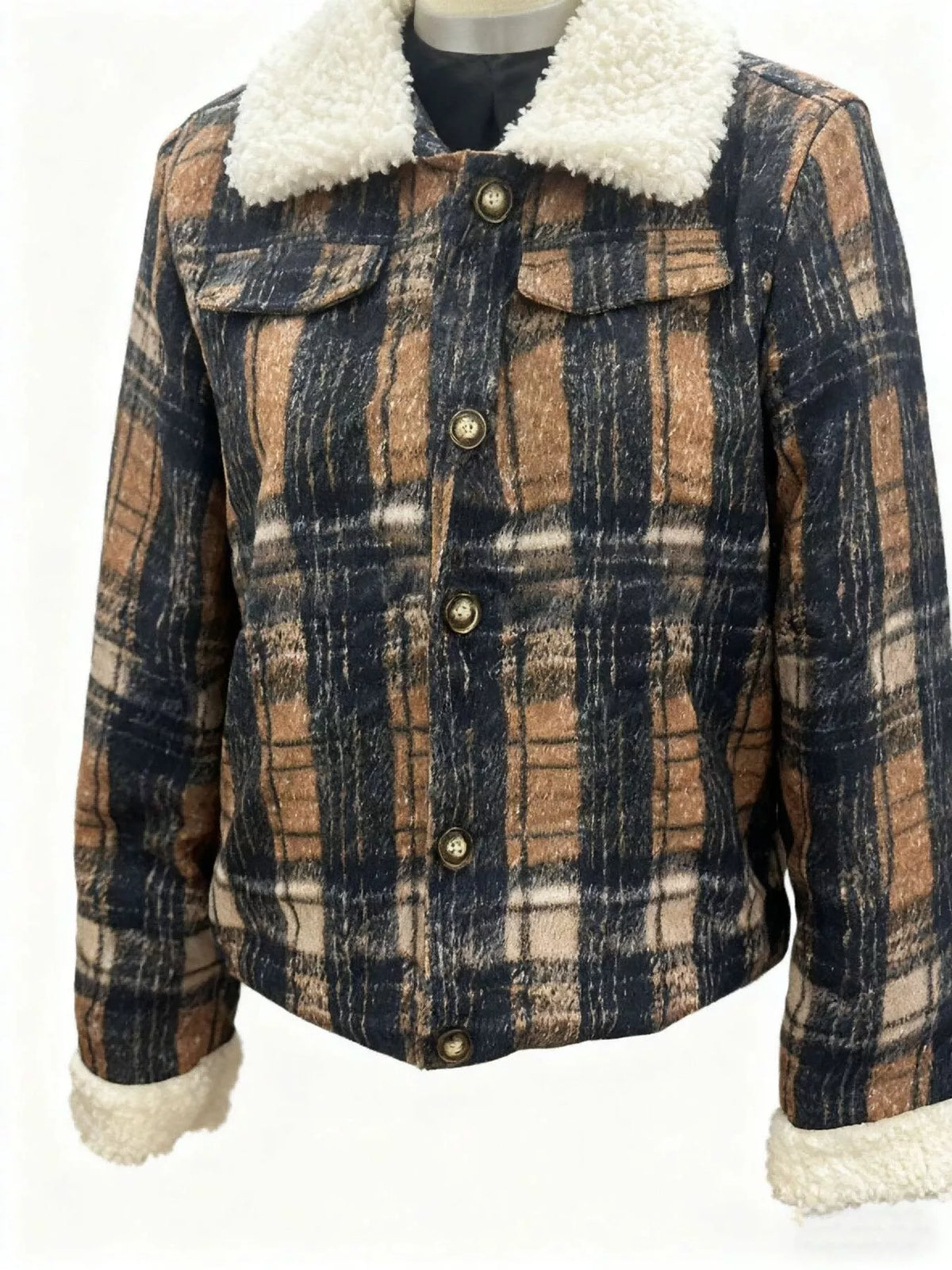 Sherpa-Lined Plaid Button-Down Outerwear - Lilixa.store
