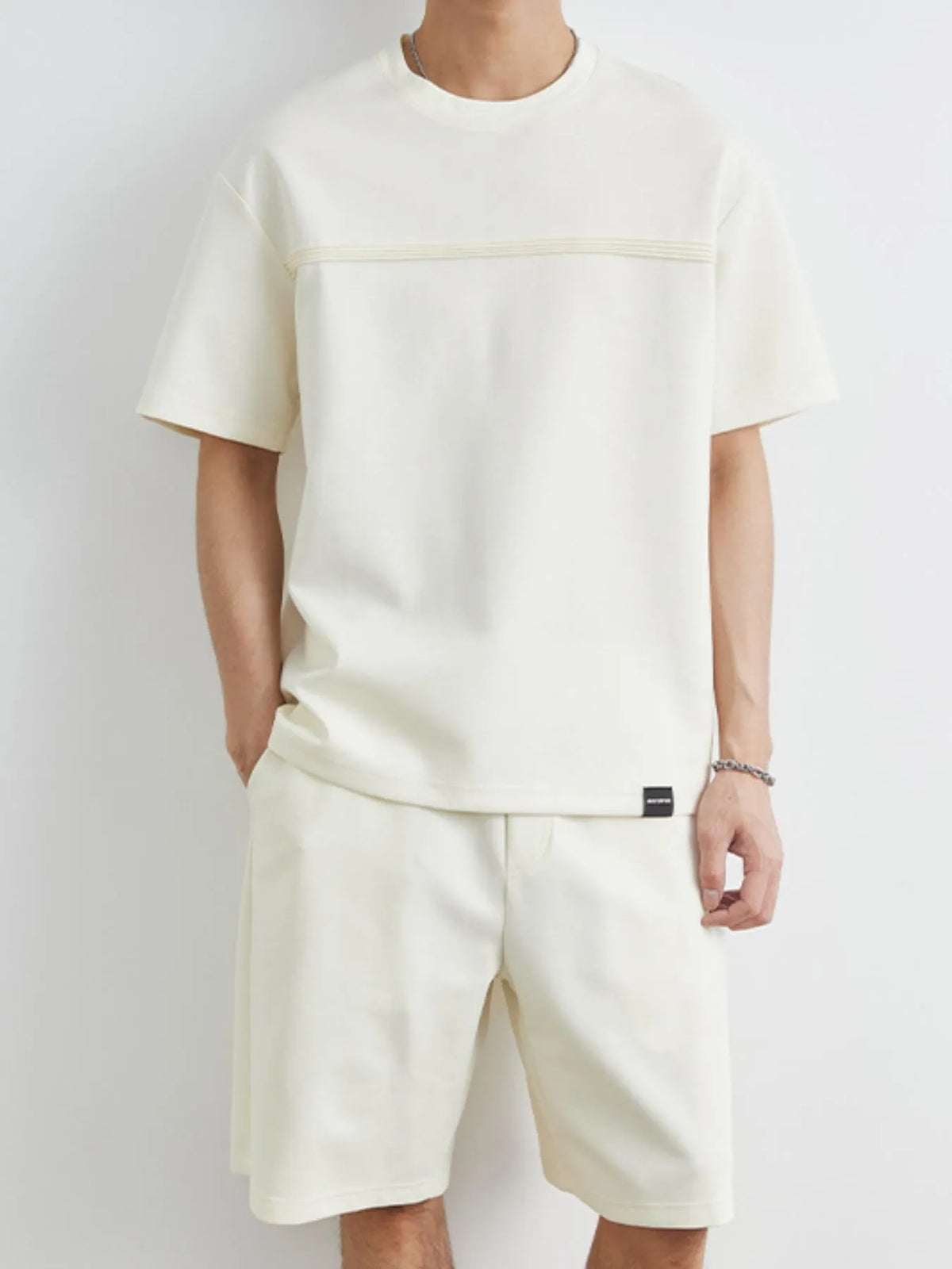 Men's Plus Size Round Neck Short Sleeve Top and Shorts Set in Apricot