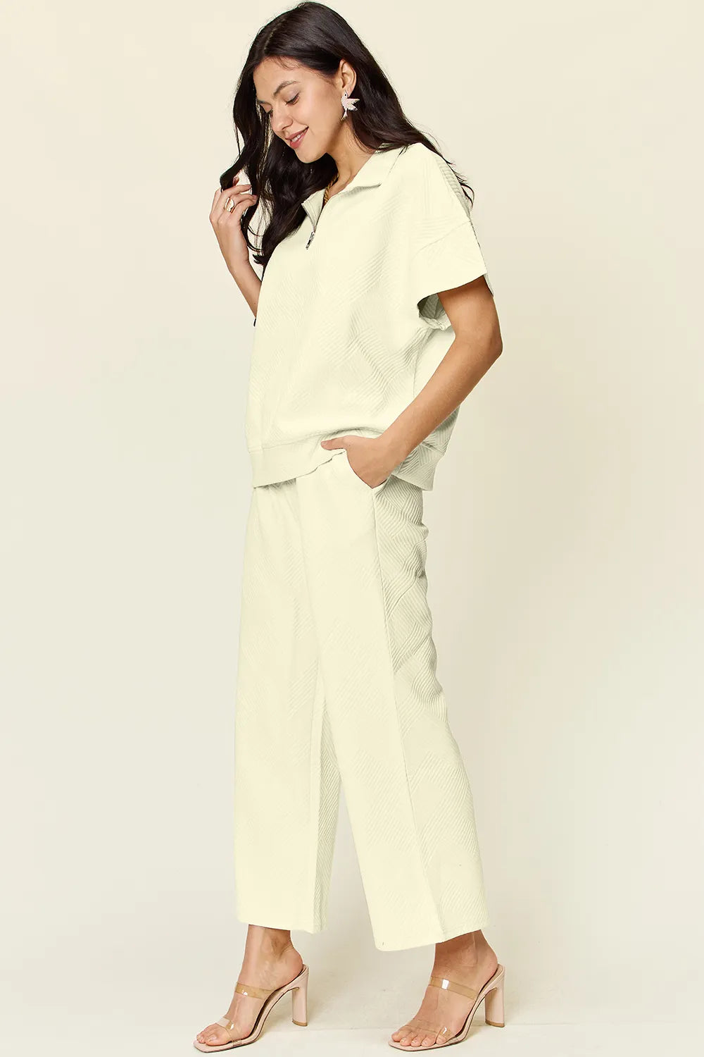 Double Take Full Size Texture Half Zip Short Sleeve Top and Pants Set, view 10