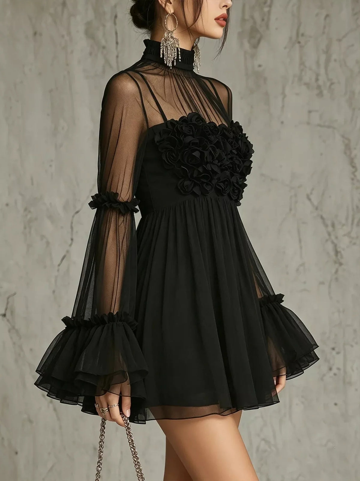 Sheer Mesh Rose Applique Mini Dress