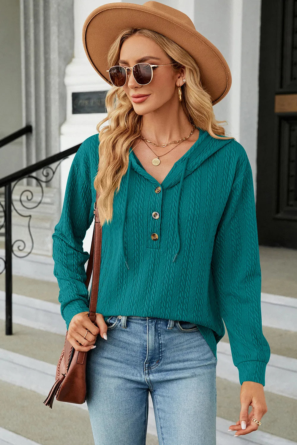 Drawstring Half Button Long Sleeve Hoodie - Lilixa.store