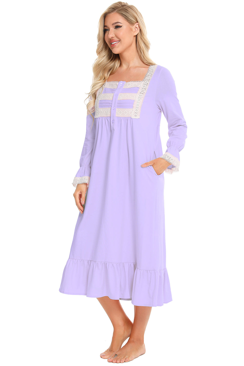 Lace Detail Square Neck Flounce Sleeve Night Dress - Lilixa.store
