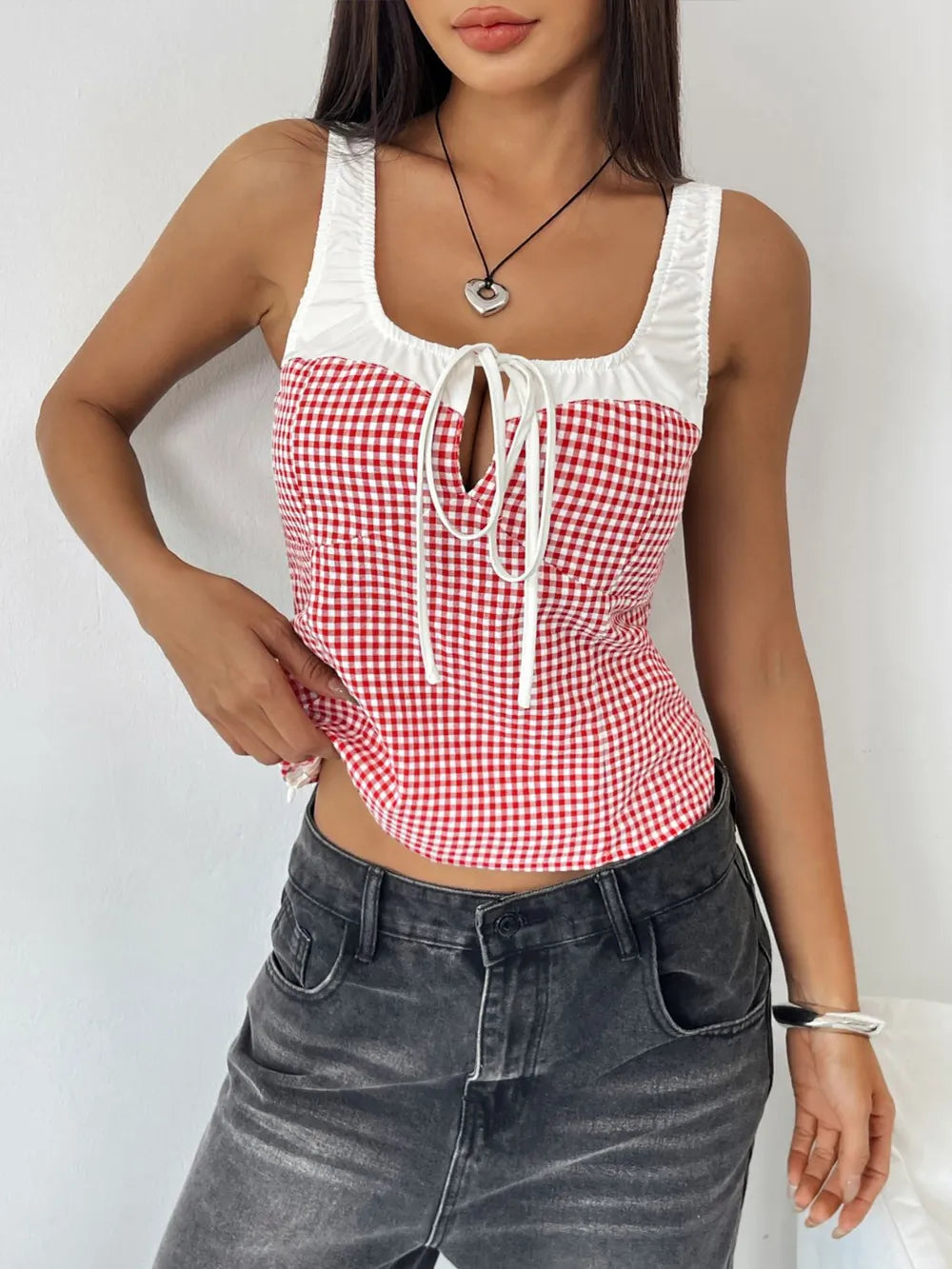 Perfee Contrast Plaid Square Neck Tank - Lilixa.store