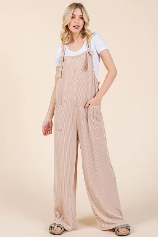 BOMBOM Knot Straps Wide Leg Ribbed Overalls with Pockets in Dust Storm