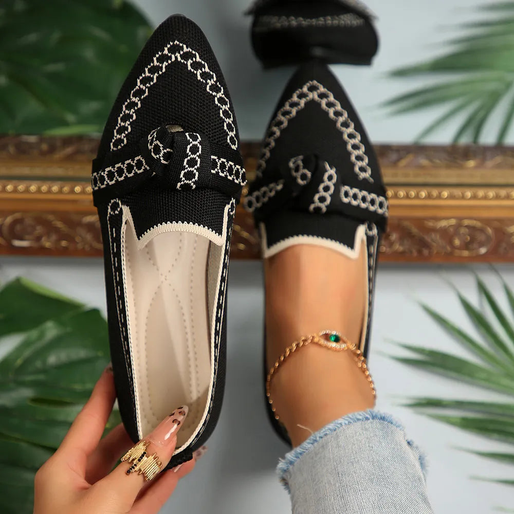 knitted Slip-On Flats with Bow in Black