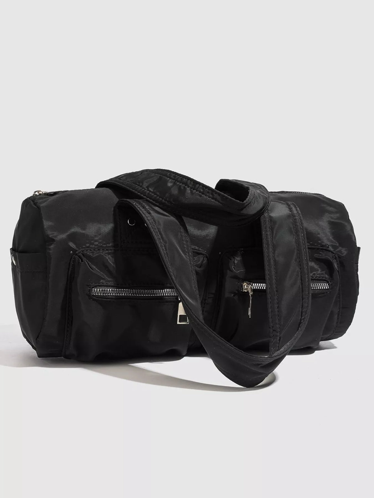Minimalist Nylon Barrel Shoulder Bag with Multi-Pocket Utility in Black, view 8