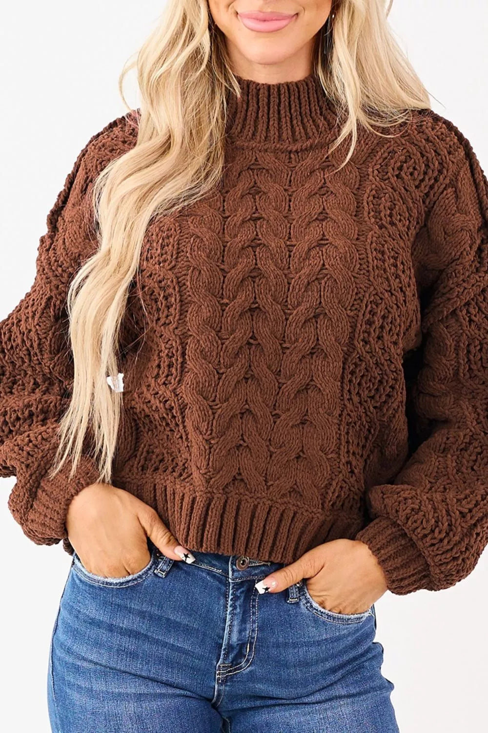 Mock Neck Cable Knit Sweater - Lilixa.store