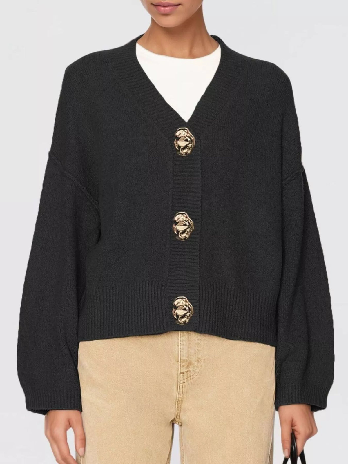 Gold Buttons V-Neck Cardigan - Lilixa.store