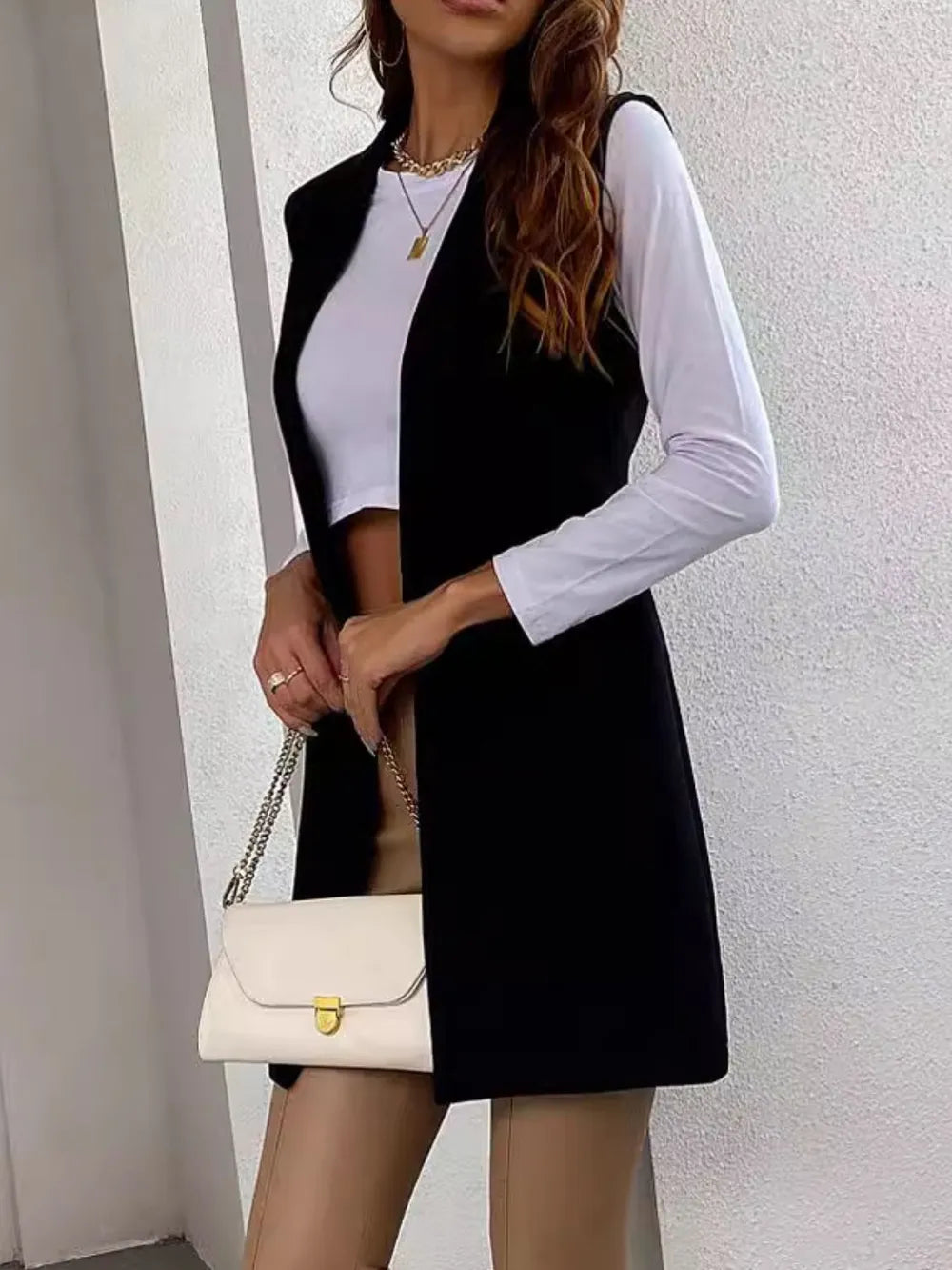 Open Front Longline Vest Coat in Black, view 4