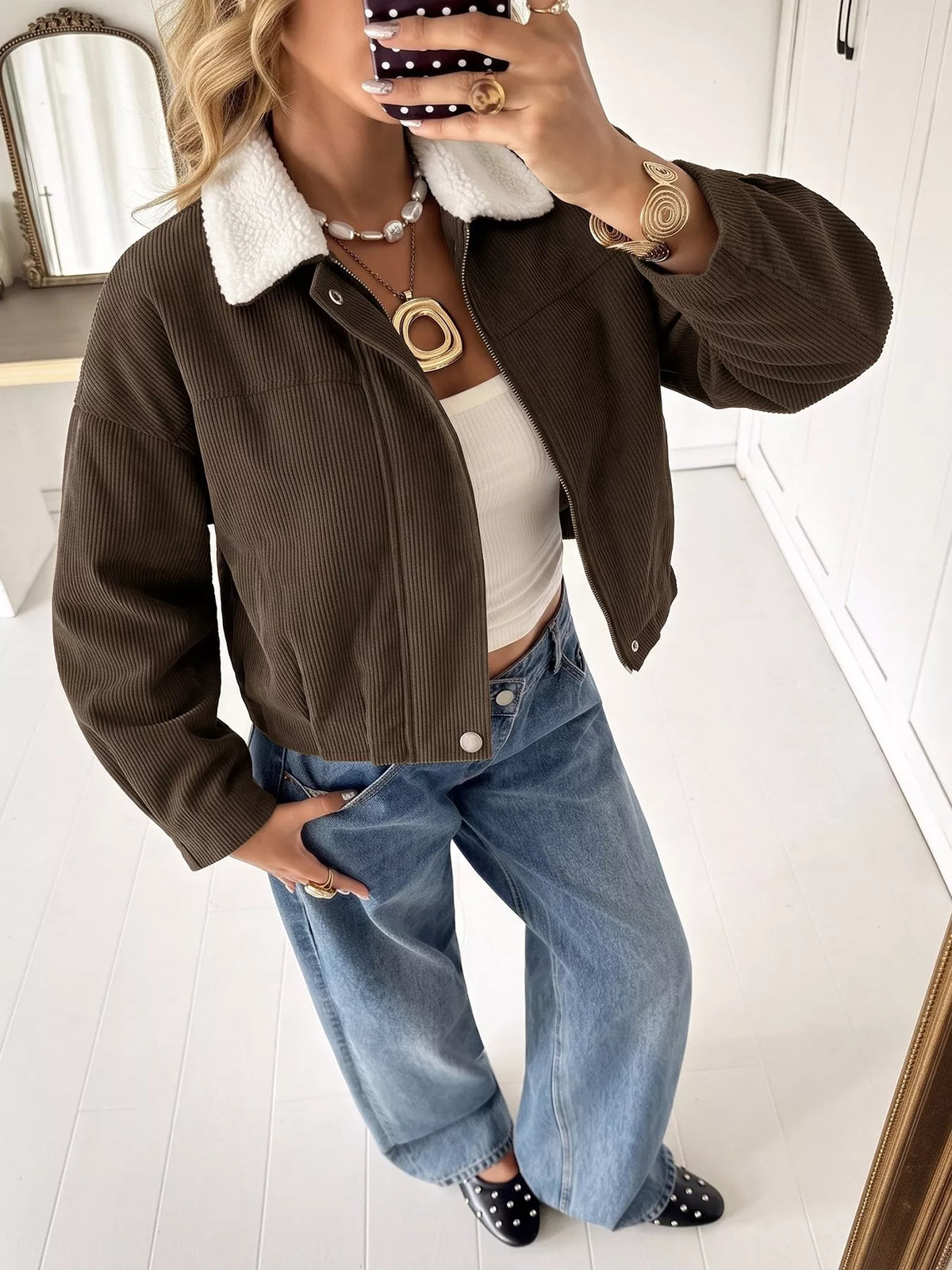 Contrast Sherpa Collar Corduroy Zip Up Jacket - Lilixa.store