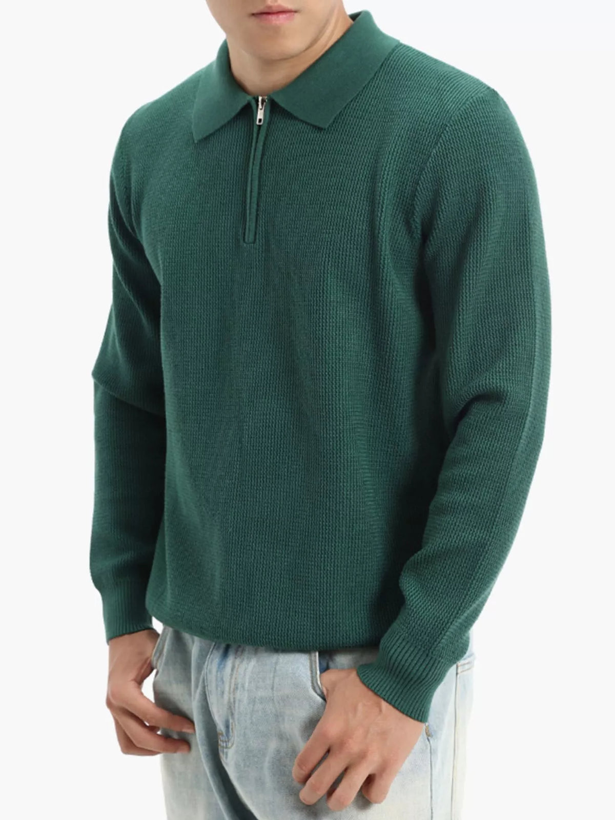 Men's Plus Size Quarter-Zip Textured Knit Top in Dark Green