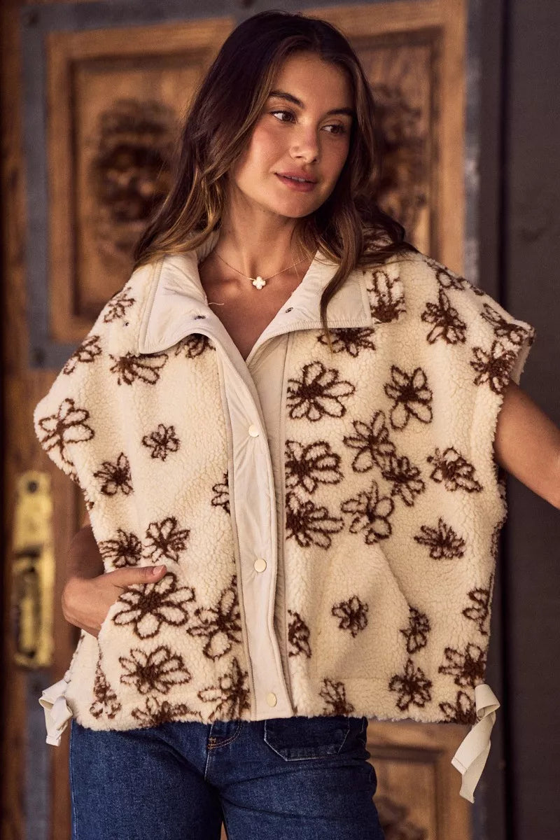 SO ME Flower Sherpa Fur Oversized Sleeveless Vest Jacket in Brown, view 4