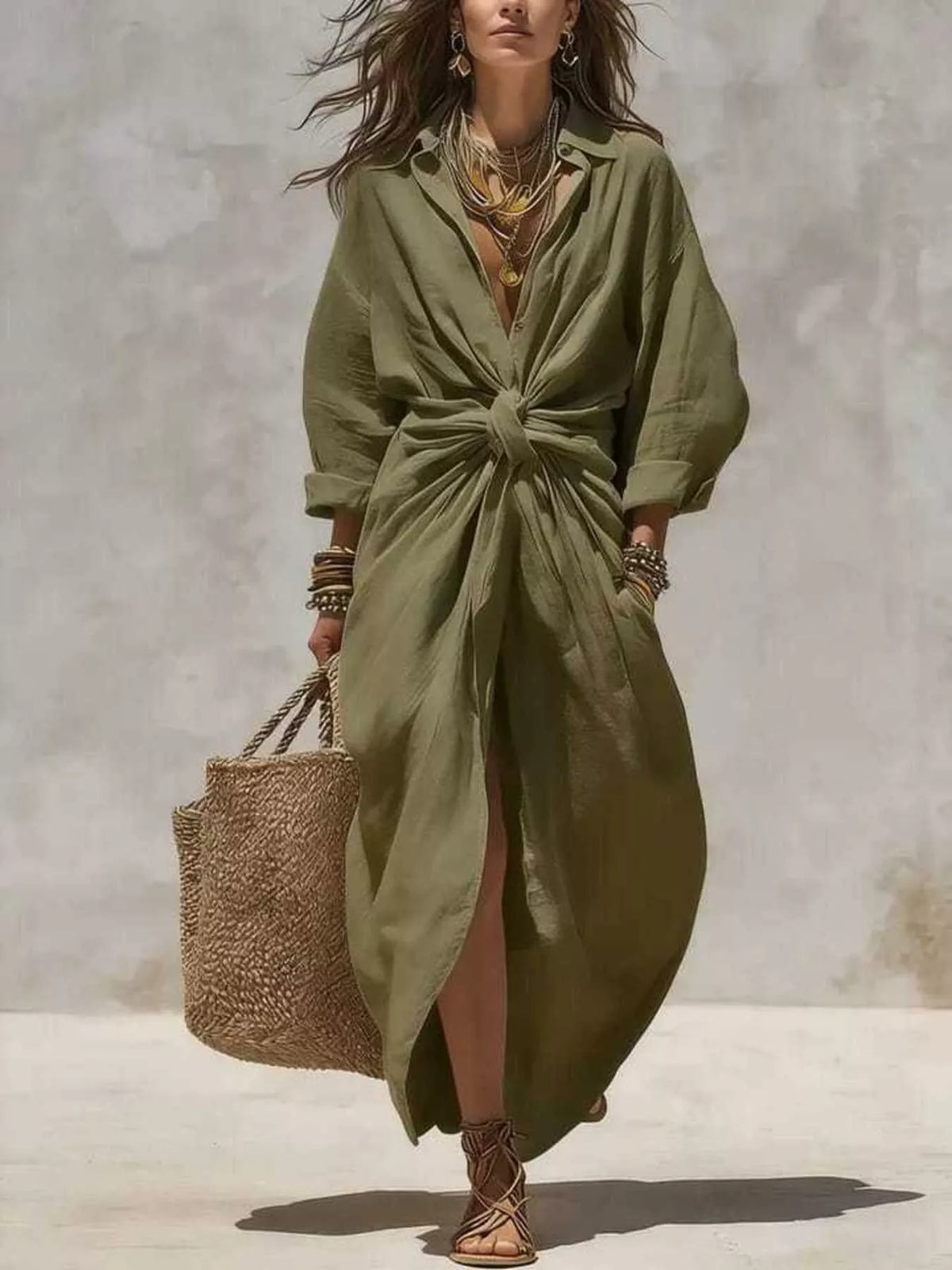 Front-Tie Maxi Shirt Dress in Army Green