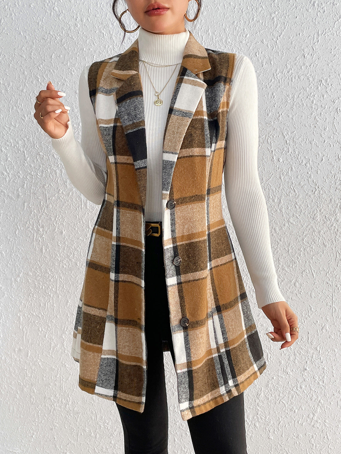 Honey Plaid Lapel Collar Vest in Camel, view 3