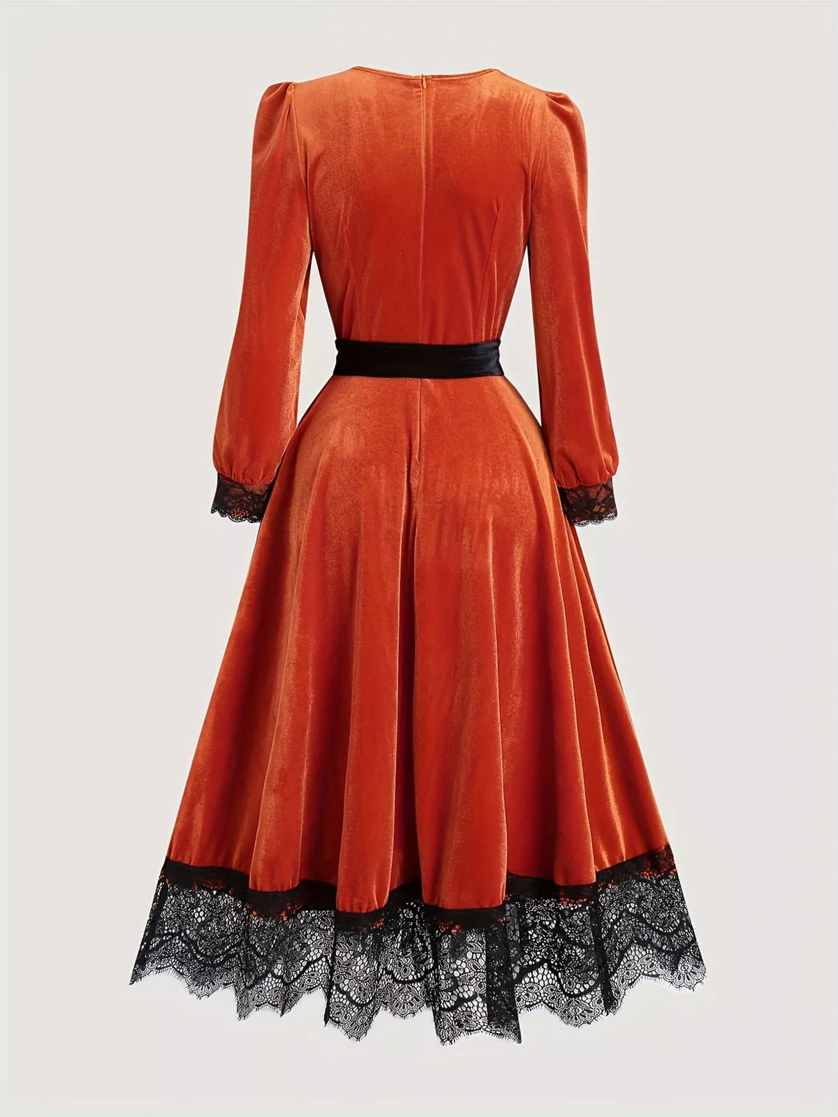 Velvet V-Neck Lace Trim Midi Dress with Waist Tie - Lilixa.store