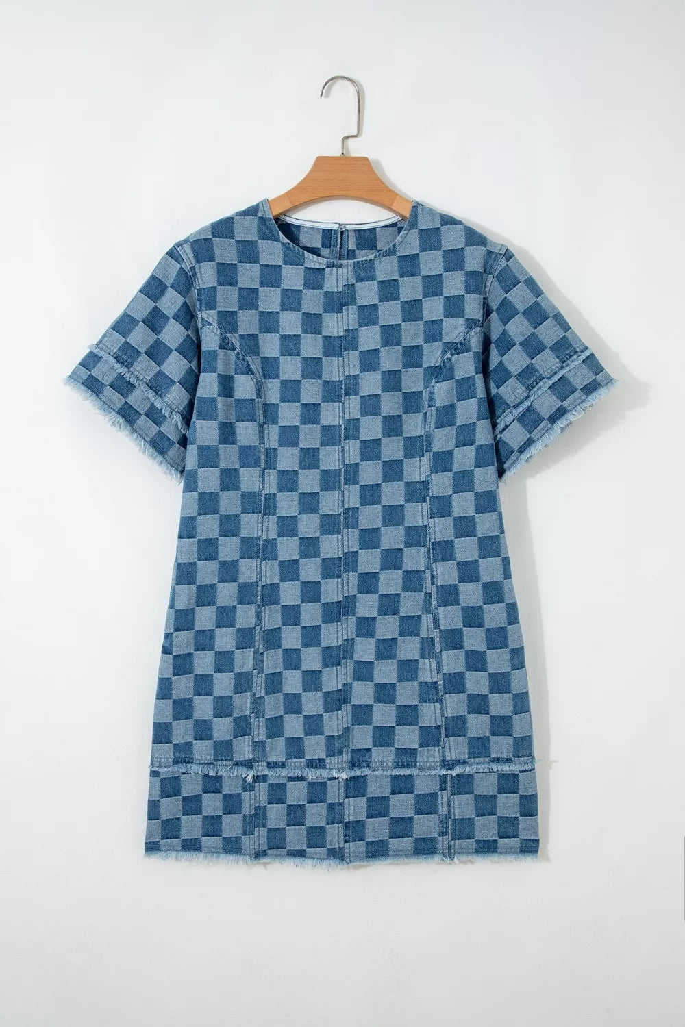 Frayed Hem Checkered Denim Mini Dress - Lilixa.store