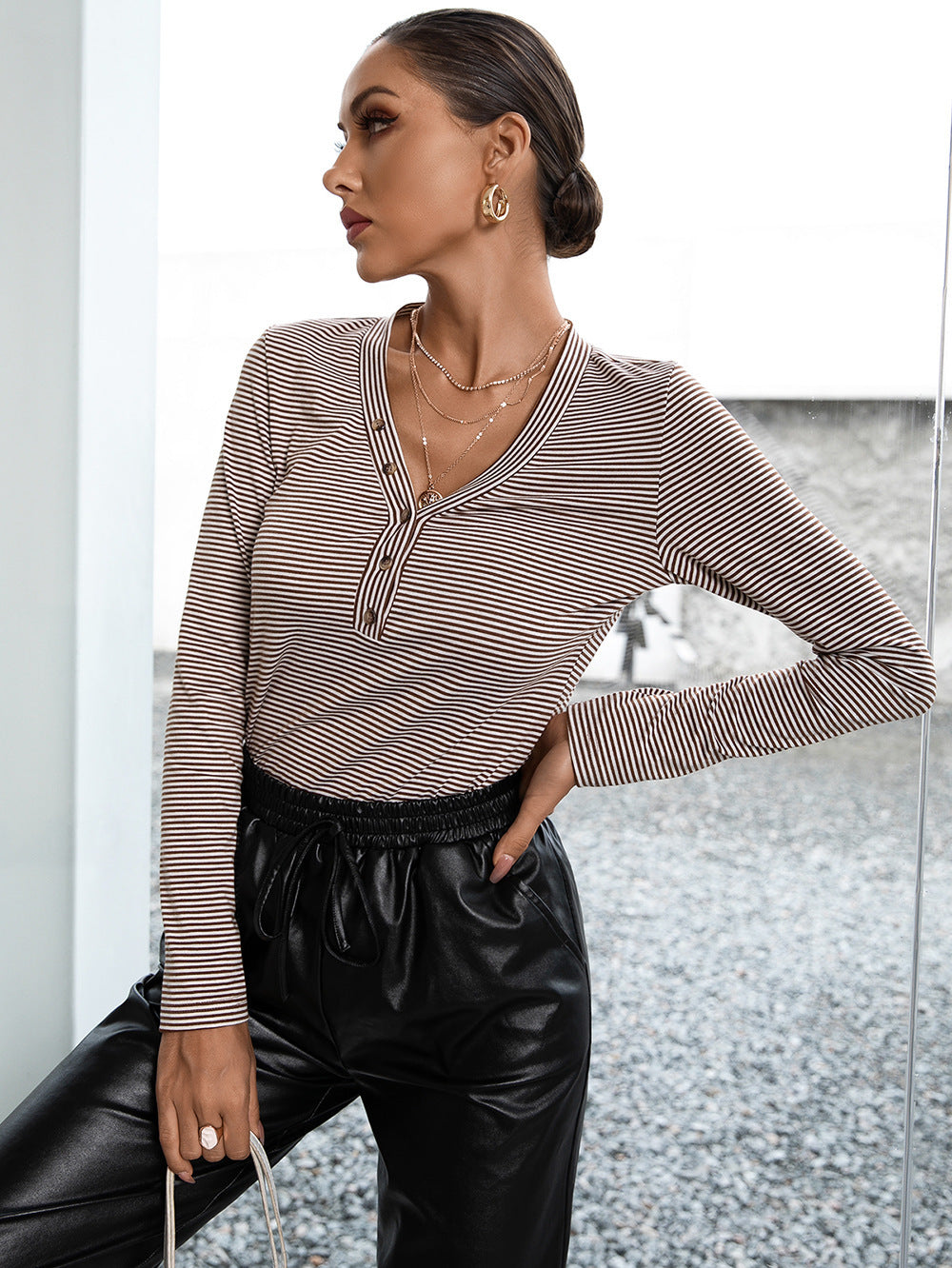 Ivy Lane Striped Buttoned V-Neck Long Sleeve Top in Burgundy