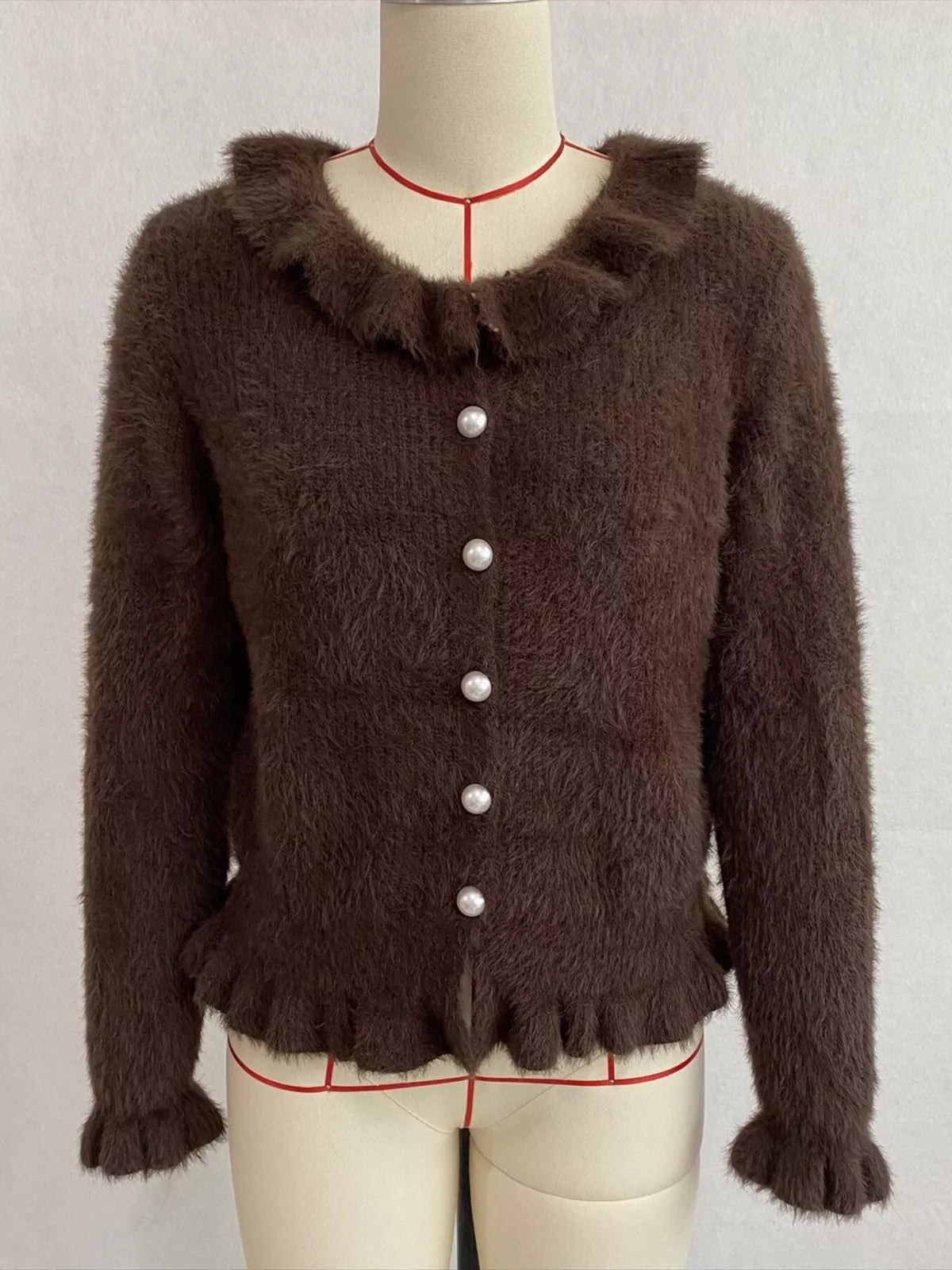 Soft Fuzzy Cardigan with Ruffled Collar and Pearl Buttons, view 14