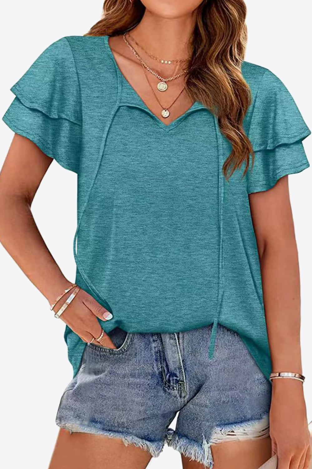 Tie-Neck Layered Flutter Sleeve Blouse - Lilixa.store