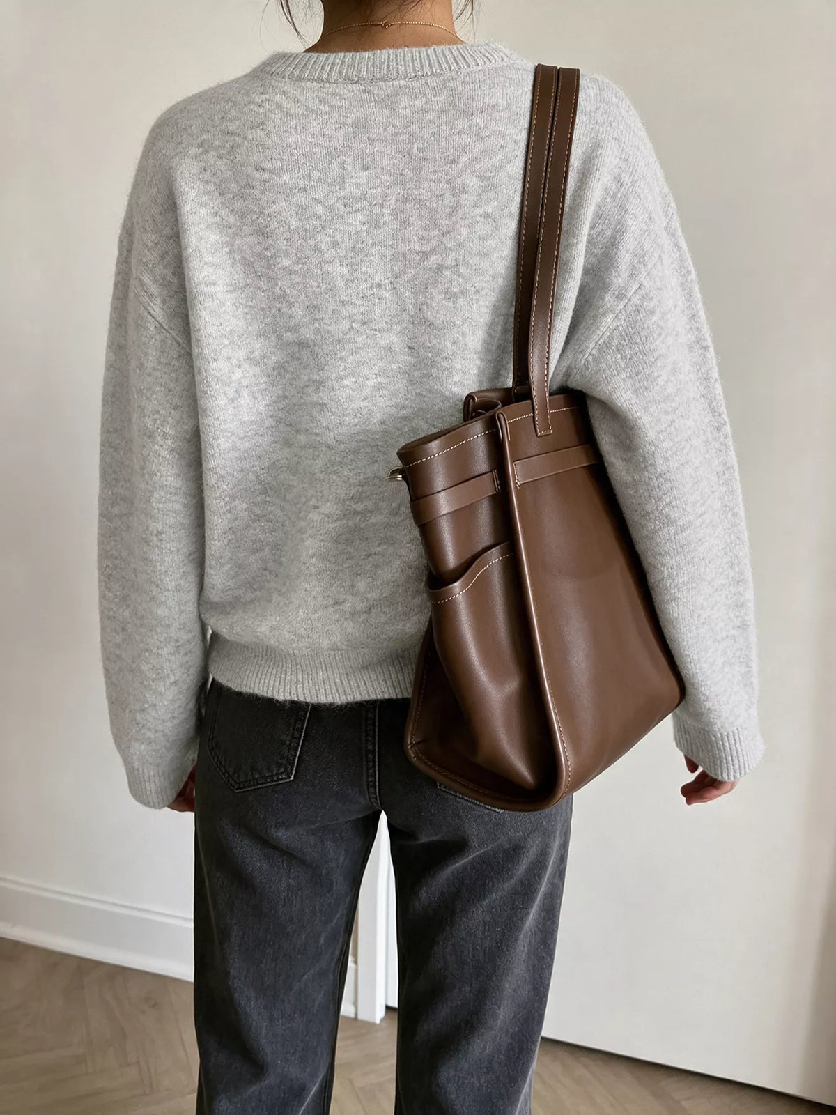Crew Neck Button-Down Cardigan in Gray/white, view 13