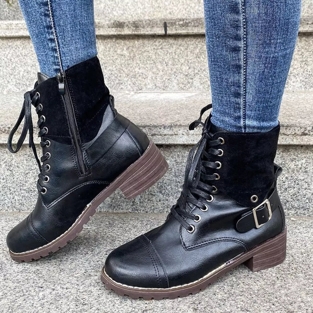 Lace-Up Block Heels Boots in Black