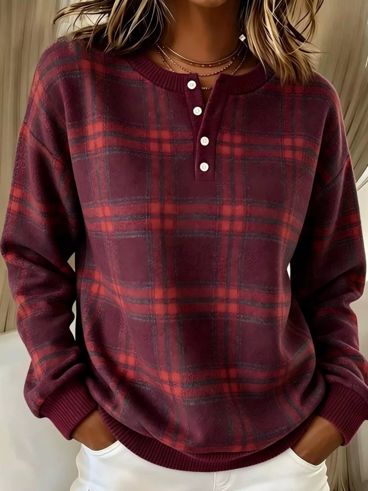 Full Size Plaid Button Detail Long Sleeve Sweatshirt Plus Size - Lilixa.store