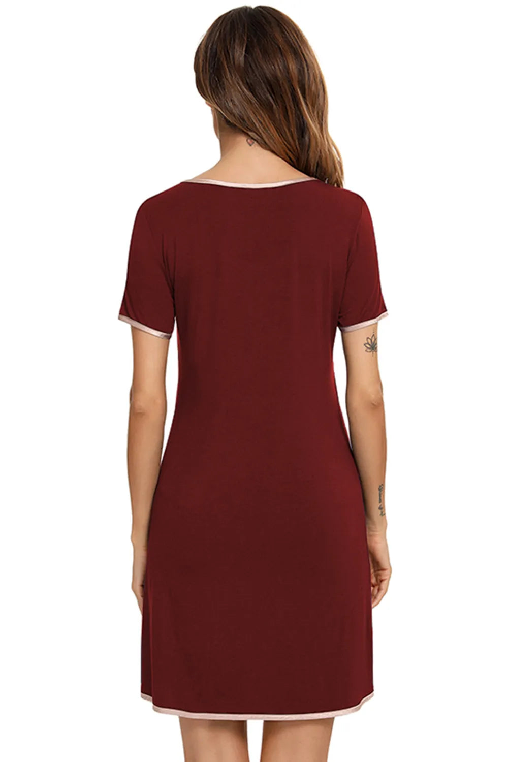 Contrast Trim Pocketed Round Neck Lounge Dress - Lilixa.store