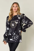 Double Take Full Size Printed Flounce Sleeve Blouse - Lilixa.store