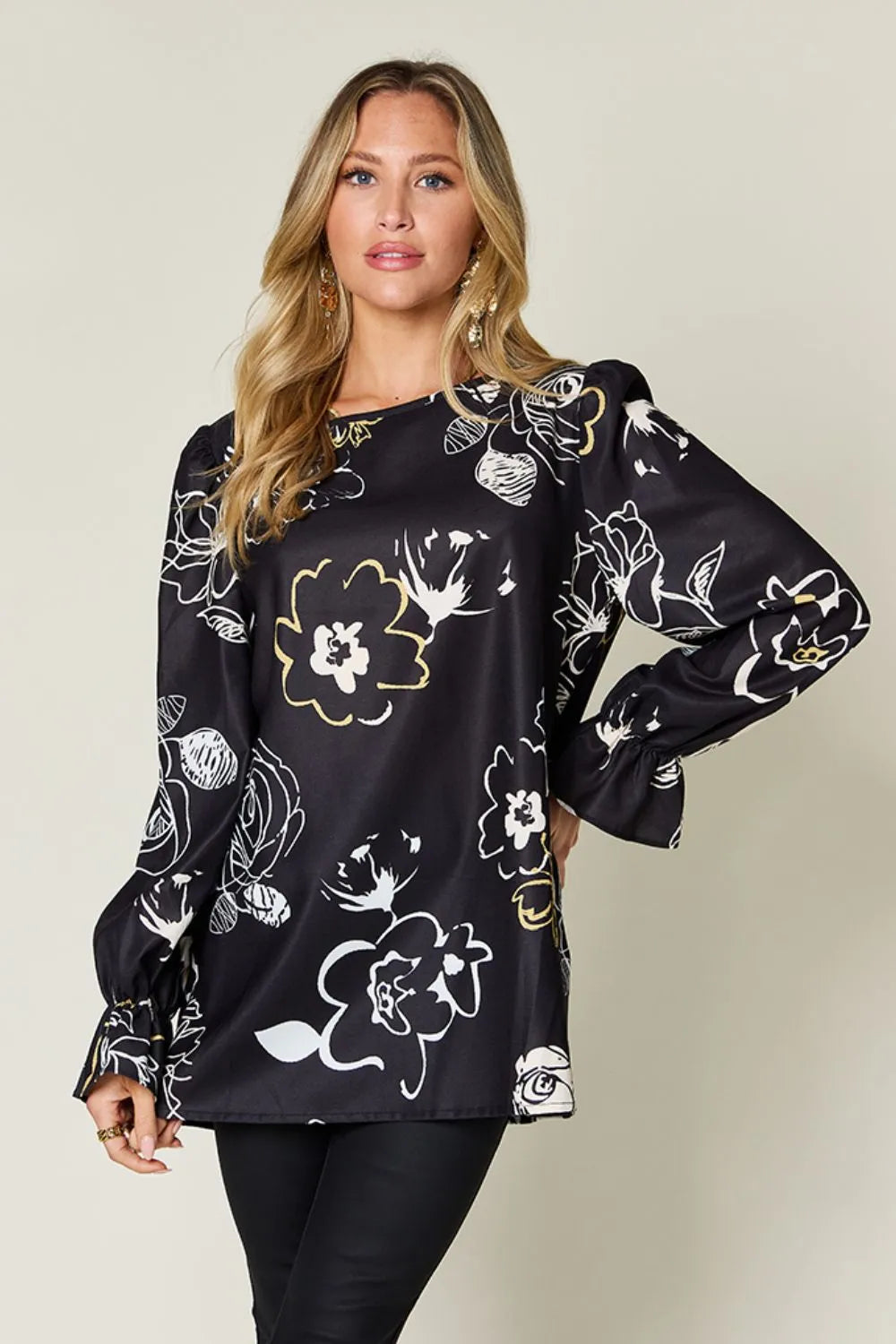 Double Take Full Size Printed Flounce Sleeve Blouse - Lilixa.store