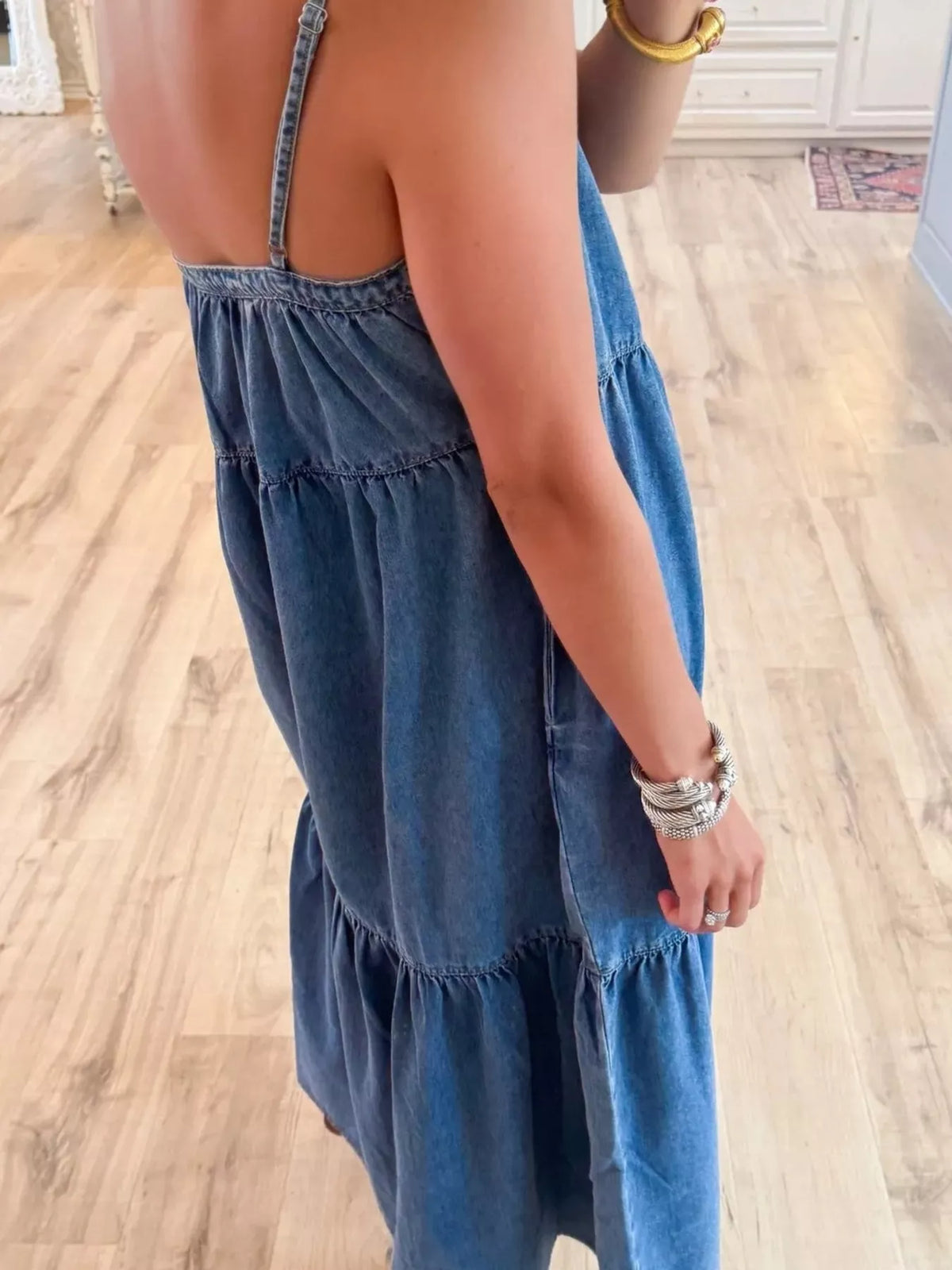 Full Size Tiered Ruffle Hem Denim Dress Plus Size in Blue, view 3