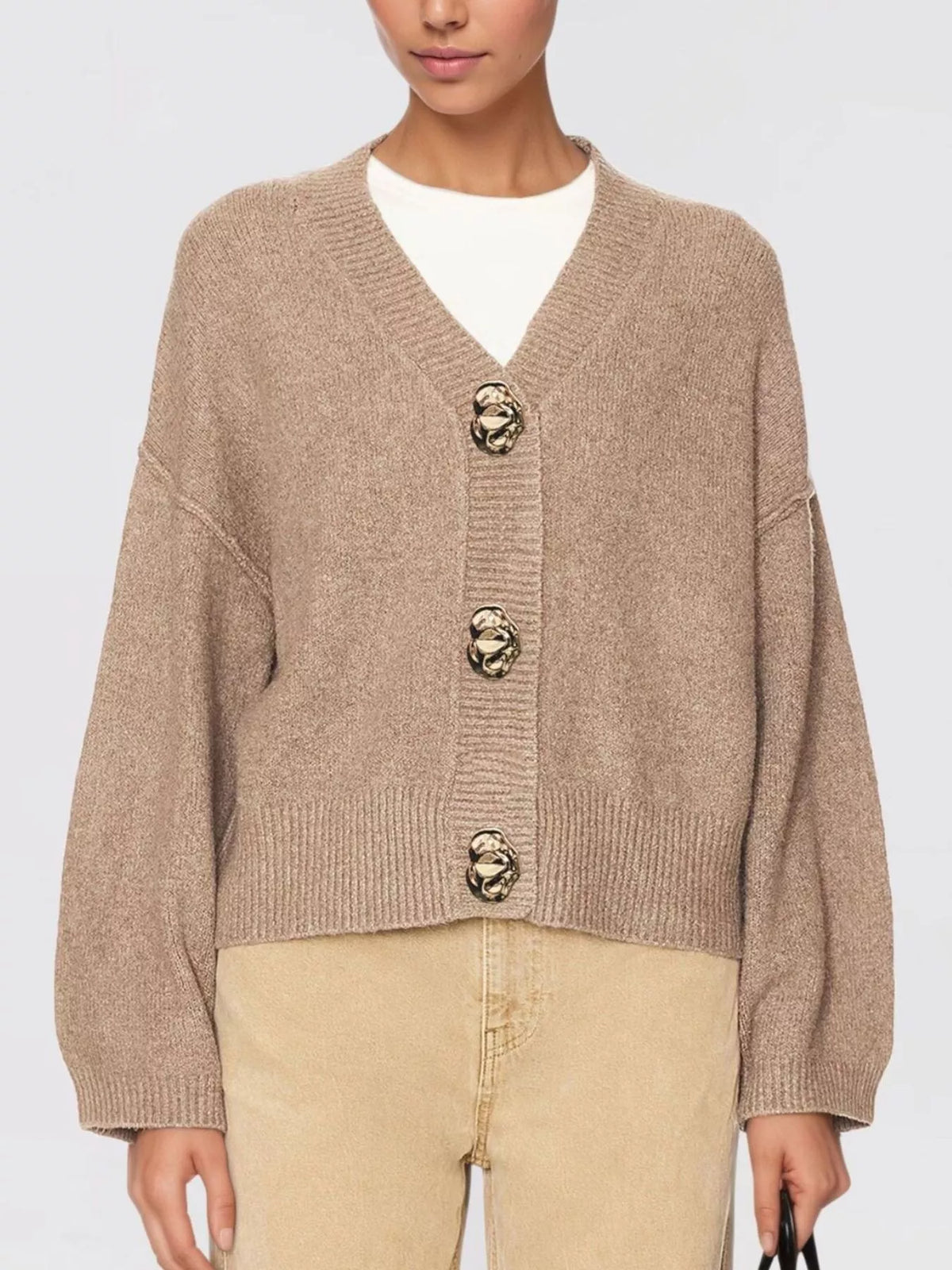 Gold Buttons V-Neck Cardigan - Lilixa.store