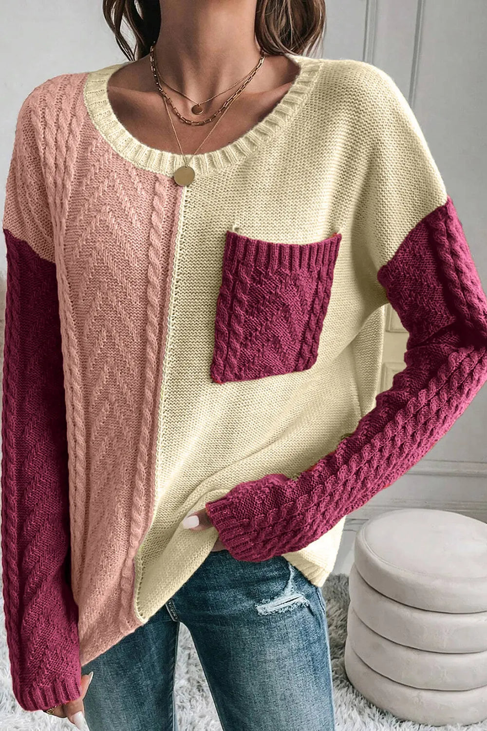 Double Take Full Size Color Block Drop Shoulder Sweater, view 2