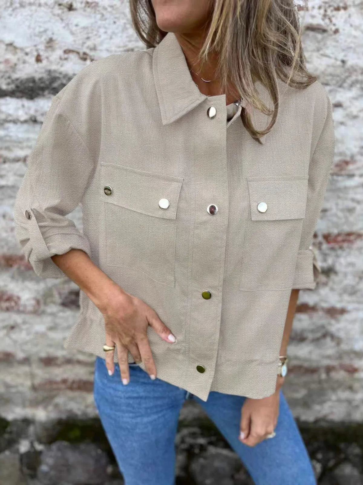 Snap-Down Utility Shacket with Chest Pockets in Khaki