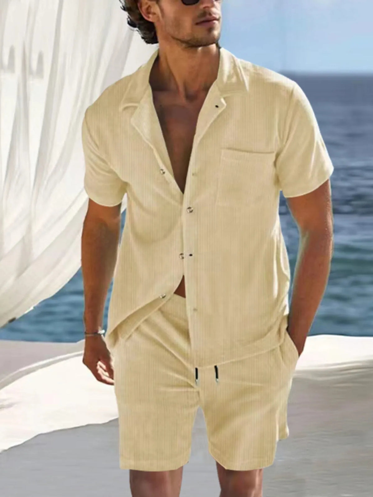 Men's Full Size Button Detail Short Sleeve Top and Shorts Set Plus Size in Khaki