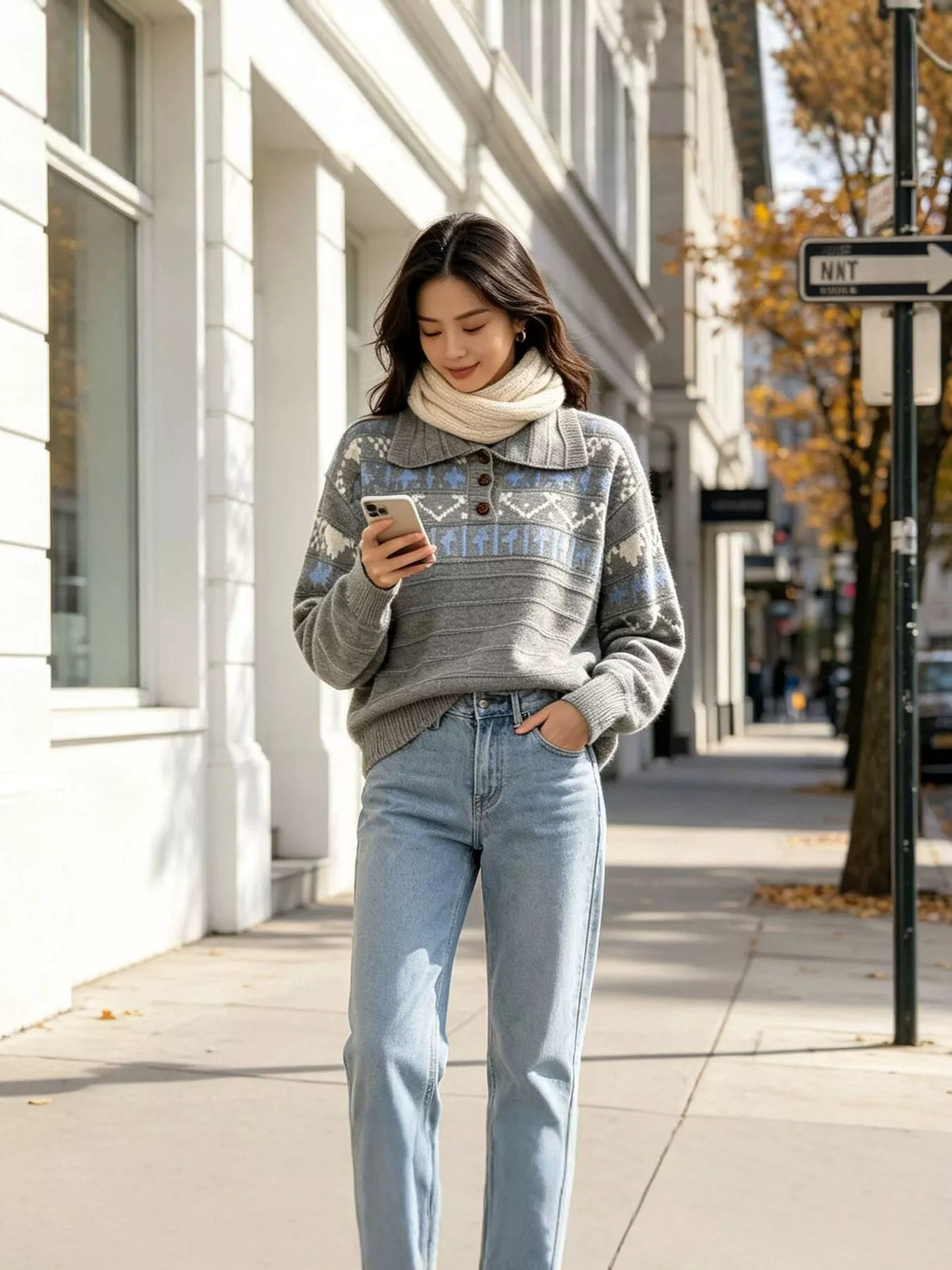 Vintage-Inspired Fair Isle Patterned Polo Sweater, view 15