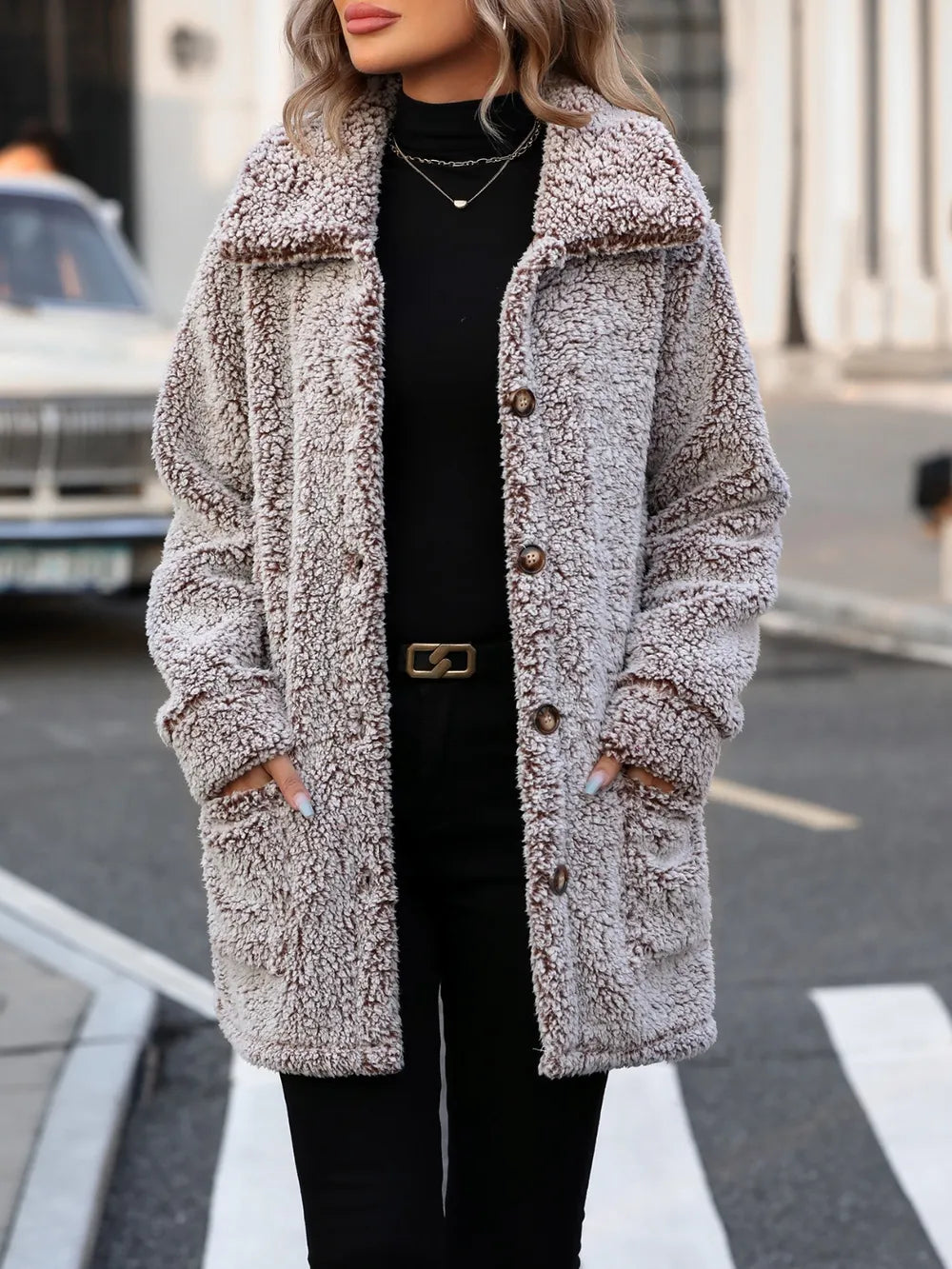 Pocketed Collared Neck Long Sleeve Plush Jacket - Lilixa.store
