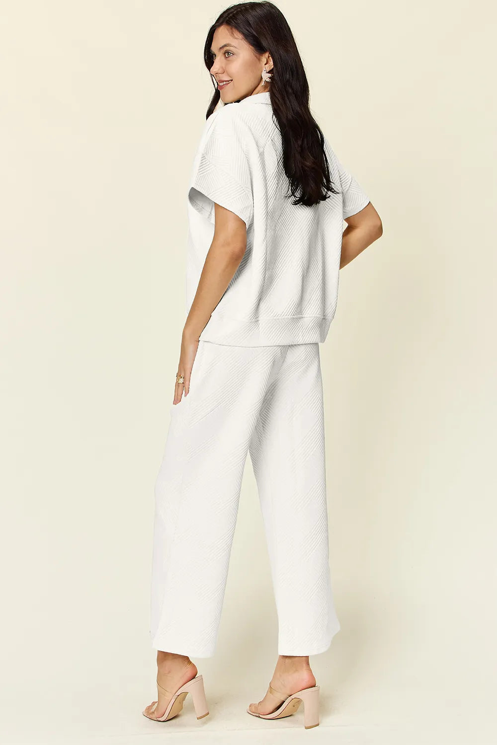 Double Take Full Size Texture Half Zip Short Sleeve Top and Pants Set, view 13