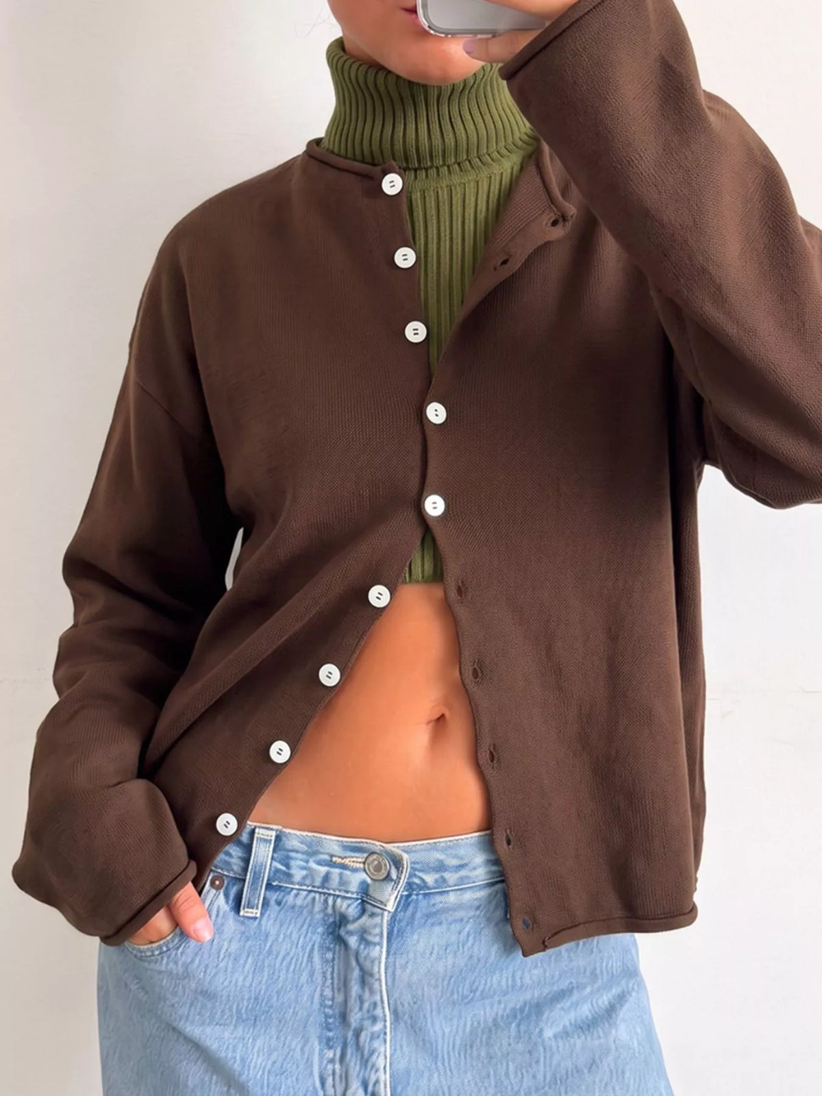 Mock Neck Button-Down Knit Cardigan in Dark Brown