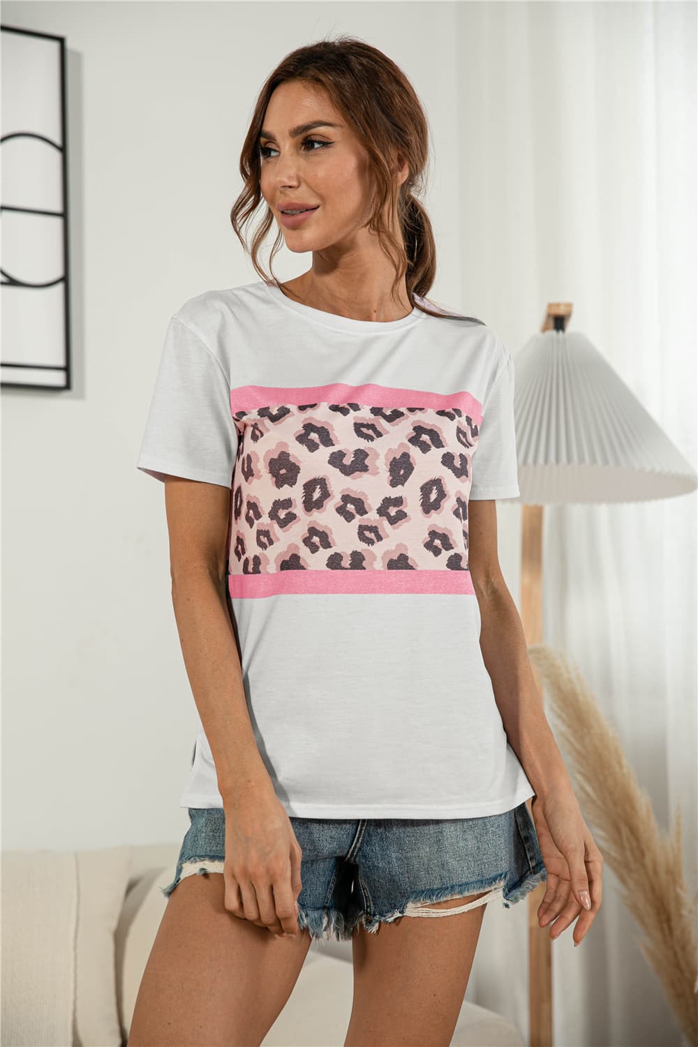 Leopard Color Block Side Slit Tee - Lilixa.store