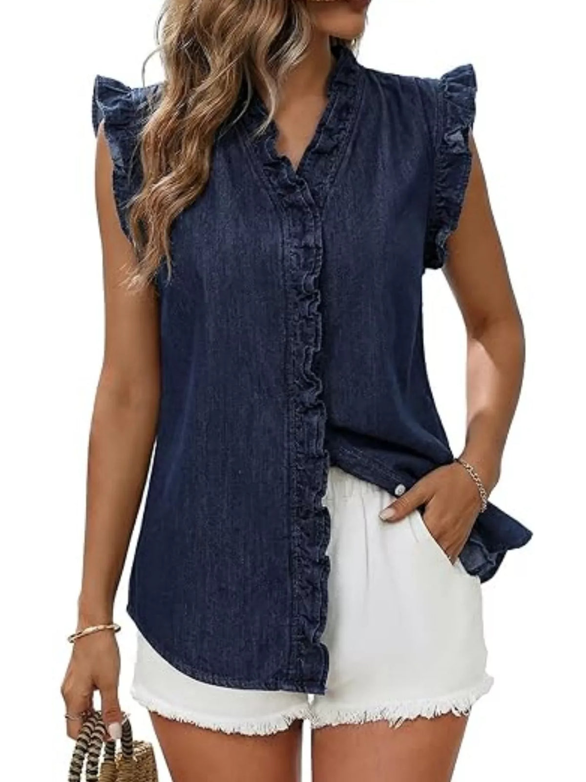 Ruffle Trim V-Neck Sleeveless Denim Top