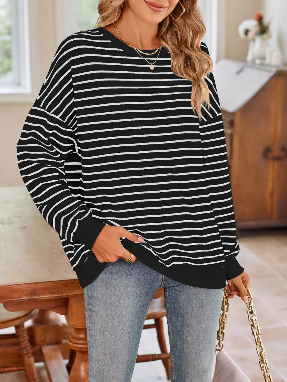 Lovelet Striped Round Neck Long Sleeve Sweatshirt - Lilixa.store